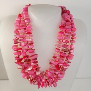 Pink Dyed Shell Beaded Necklace 3 Strand Layered Chunky Summer Beach Wear 18"